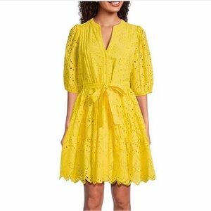 GIBSON & LATIMER Floral Eyelet Puff Sleeve Scallop Hem Dress NWT Sunlight NWT XL